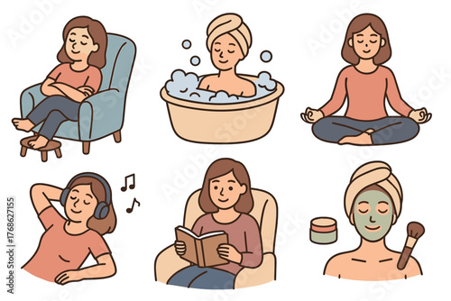Six illustrations of a young caucasian female engaging in self-care activities, including bathing, meditating, relaxing, reading, listening to music, and applying a face mask.