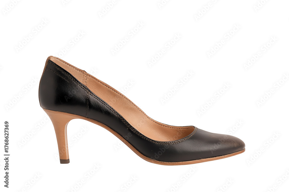 Obraz premium Elegant black high heel shoe on a white isolated background, showcasing a stylish footwear design.