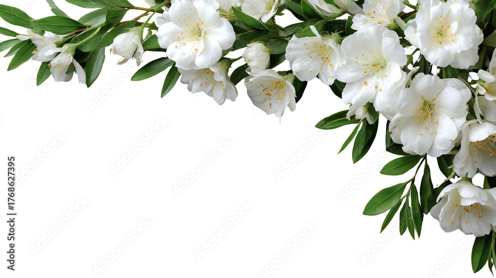 Fototapeta premium Elegant white flowers with fresh green leaves on a white isolated background.