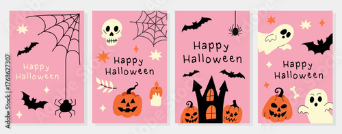 Happy Halloween pink card set with pumpkins and ghosts
