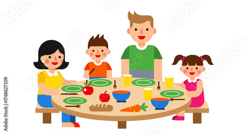 Family Gathered Around Table Enjoying Meal Together in Bright Colors and Cheerful Expressions