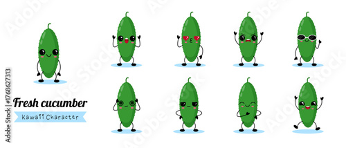 Fresh cucumber kawaii character set with funny expressions