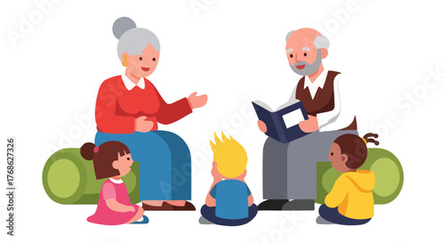 Family Gathered Together Happy to Share Precious Moments of Reading and Stories