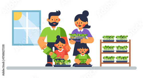Family Harvesting Freshly Grown Microgreens Together In Their Home Cultivating Food