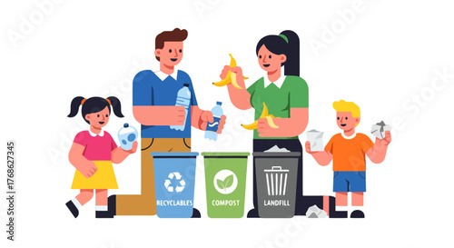 Family Illustrating Recycling Practices And Environmental Preservation For Sustainability