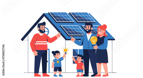 Family Illustrating Renewable Energy Source Utilizing Solar Panel Systems for Home Power Production