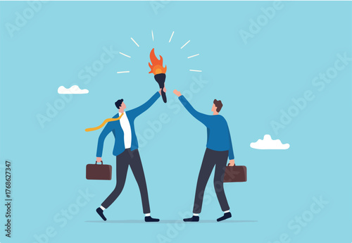 Successor plan, baton pass or transfer to new chosen leader, change new CEO or collaboration to achieve goal and win business competition concept, smart businessman leader passing torch to successor