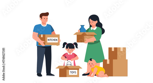 Family Moving Into A New Home, Unpacking Boxes, With Children And Household Items