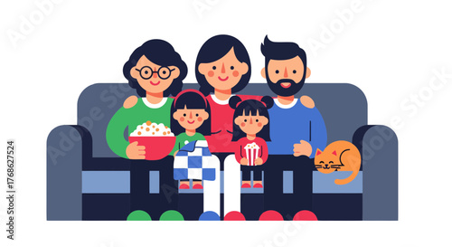 Family Togetherness On A Comfy Sofa Watching A Movie Enjoying Afternoon Time