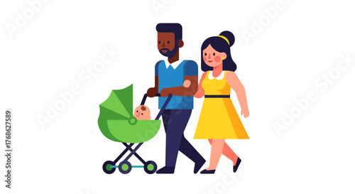 Family Walking Together with Their Child in a Stroller, Happy and Together