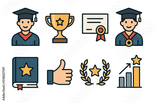 Illustrated icons of male graduates wearing caps, a trophy with a star, a certificate with a ribbon, a book with a star, a thumbs-up, a laurel wreath, and an upward bar graph with a star.
