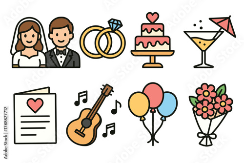 Colorful icons featuring a bride and groom, wedding rings, cake, cocktail, invitation, guitar, balloons, and flower bouquet, representing wedding themes.