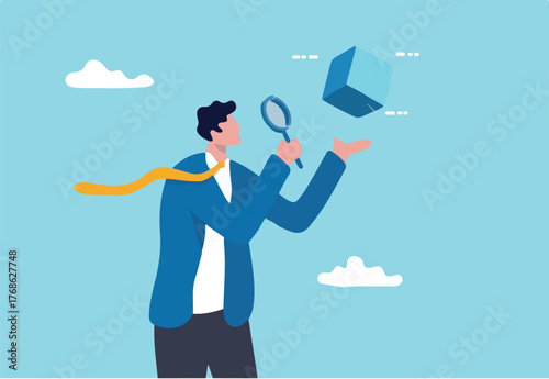 Business case study or marketing research, analyze product prototype or competitor, learning or search for strong and weakness concept, smart businessman use magnifying glass to analyze floating cube