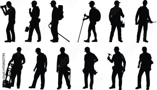 Worker silhouettes, construction tools, manual labor, industrial professions, maintenance crew, job diversity, tradespeople, black icons, vector illustration, equipment poses