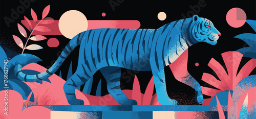A blue tiger walking in a jungle with pink plants and a in a flat illustration