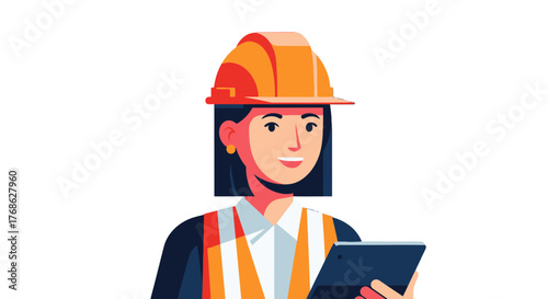 Female Engineer Holding Tablet, Ready for Work, Isolated on a Black Background