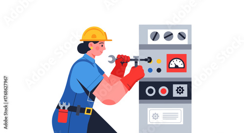 Female Technician Working On Industrial Equipment With Tools and Hard Hat