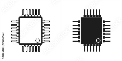 Two icons of a microchip, one outlined and one solid black