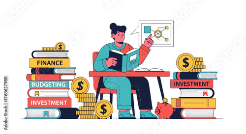 Finance Learner Reading Books About Budgeting And Investment With Coin Piles