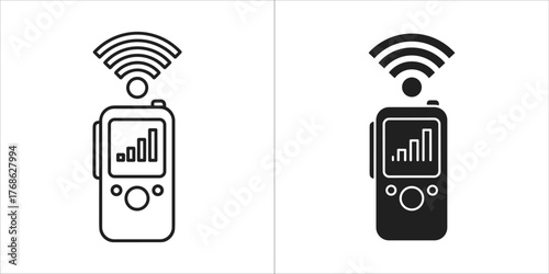 Two icons of a portable device with signal waves, one outlined and one solid black