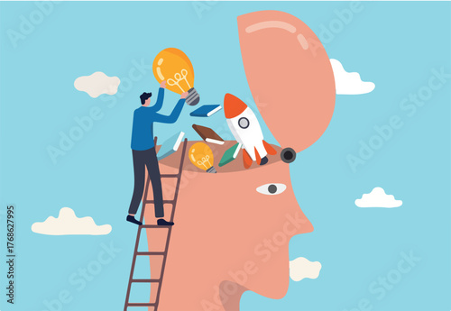 Upskill, learn new things or knowledge development for new skill and improve job qualification concept, man putting light bulb ideas, books and rocket booster into human head to upgrade working skill