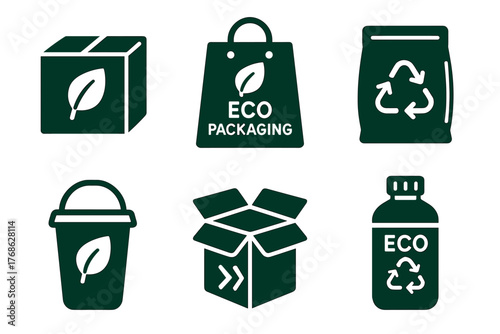 Dark green eco-friendly icons depicting sustainable packaging, recycling symbols, and biodegradable materials in a minimalist style.