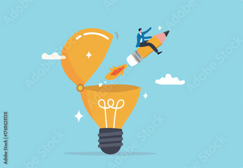 Creativity to create new idea, imagination or invention, inspiration, education or genius idea, writing content or boost creative thinking concept, man riding pencil rocket from opening lightbulb