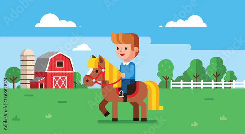 Smiling young boy enjoying a ride on a cute brown pony.