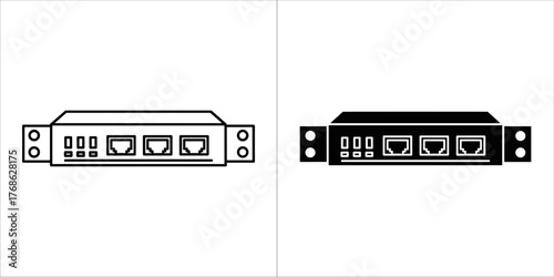 Network router device with ports and indicator lights, one outlined and one solid