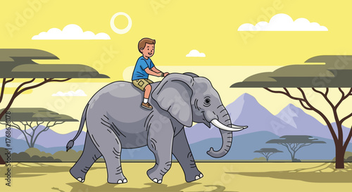 Young boy enjoying a ride on the back of a large elephant.