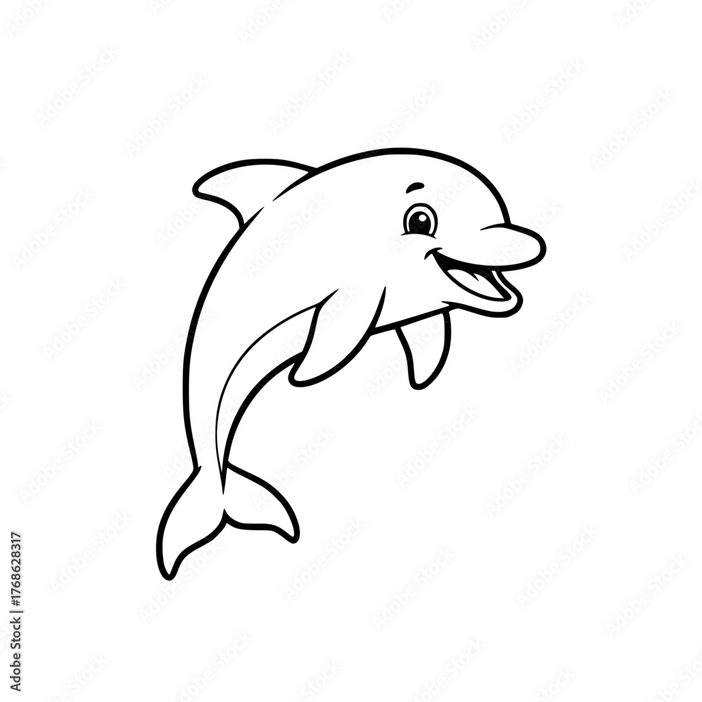 Fototapeta premium Friendly cartoon dolphin jumping, simple cheerful coloring page for toddlers Generative aI