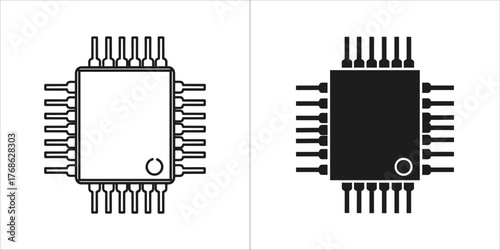 Two icons of a microchip, one outlined and one solid black