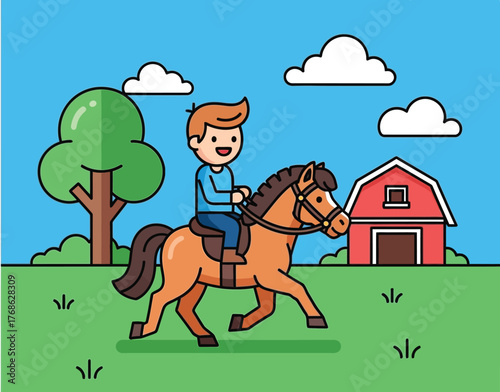 A happy young boy riding a friendly brown pony cartoon.