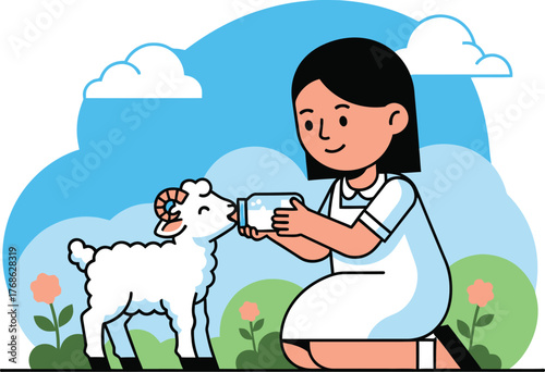 A kind young girl bottle feeding a cute white baby lamb.