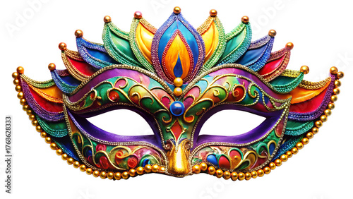 A vibrant, ornate venetian masquerade mask with intricate details and colorful embellishments, isolated on transparent background