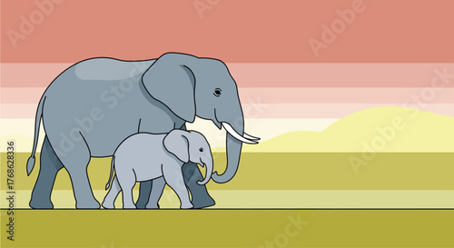 A mother elephant and her baby calf walking together in a line.