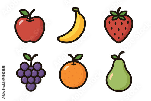 Colorful collection of six cartoon-style fruits including apple, banana, strawberry, grapes, orange, and pear with bold black outlines.