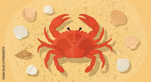 A vibrant red crab illustration with prominent claws and legs.