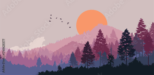 Beautiful mountain landscape with forest and birds flying in the sky at sunset or sunrise scene