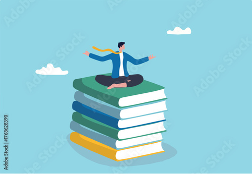 Best book to help entrepreneur success in business, knowledge or skill to succeed and overcome obstacle concept, smart success businessman meditating and learn new skill on stack of business books.