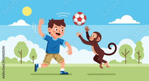 A young boy and a playful monkey enjoy a game of soccer outdoors.