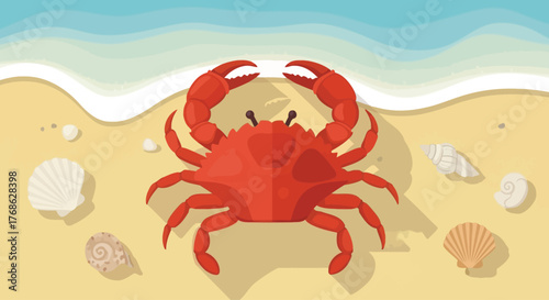 A vibrant red crab with large claws illustrated from above.