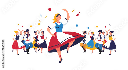 Folklore Dancers Celebrating Amidst Musical Notes And Colorful Confetti