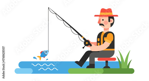Fisherman Sitting Peacefully on the Lake Catching a Fish in Vector Illustration