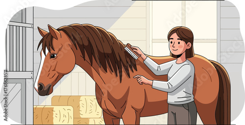 A young woman carefully grooming her beautiful brown horse.