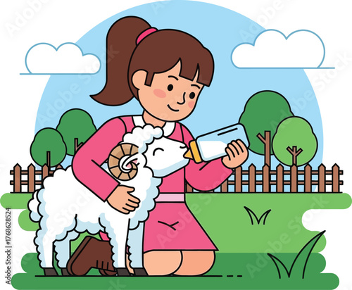 A young girl with a ponytail bottle feeding a small lamb.