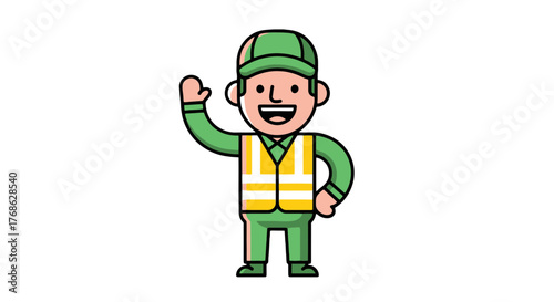 Friendly Construction Worker Greeting With Hand Up Wearing Safety Vest Illustration