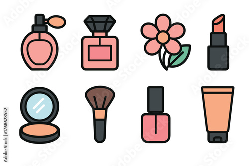 Flat design icons of cosmetic products including perfume bottles, flower, lipstick, compact powder, brush, nail polish, and cream tube.