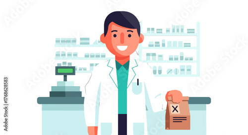 Friendly Pharmacist In Pharmacy Giving Medication Package Against Black Background
