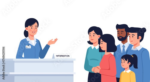 Friendly Receptionist Greeting Group of People at Information Desk for Assistance
